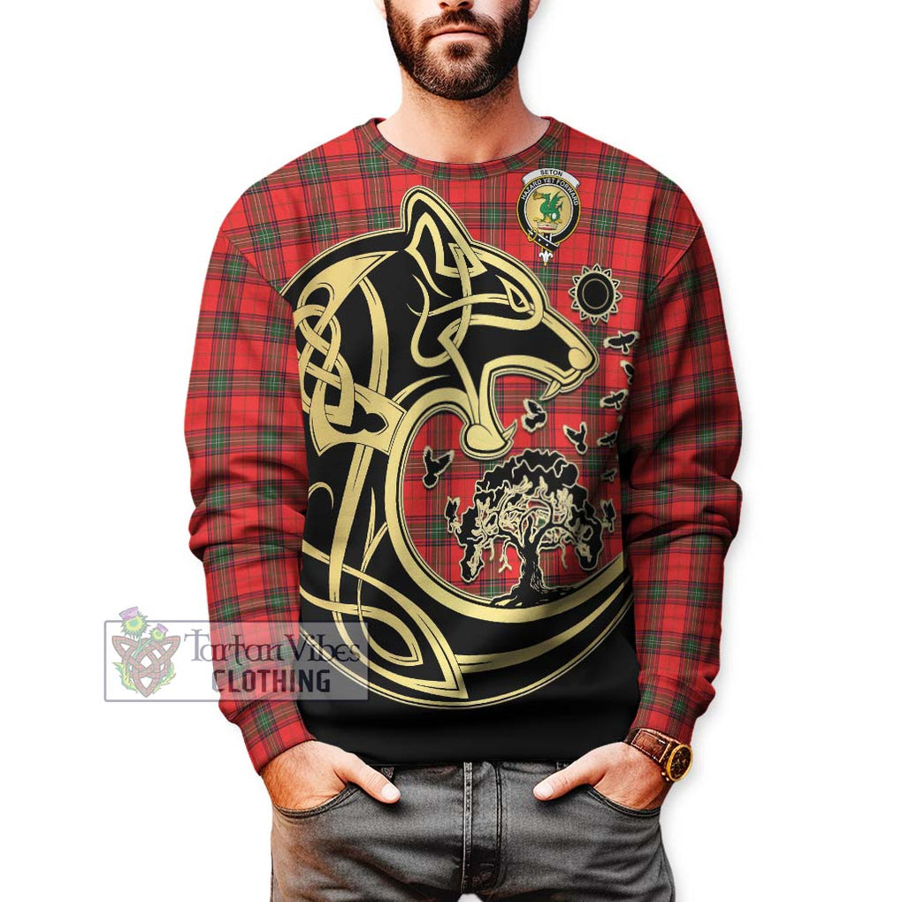 Seton Modern Tartan Sweatshirt with Family Crest Celtic Wolf Style Unisex - Tartan Vibes Clothing