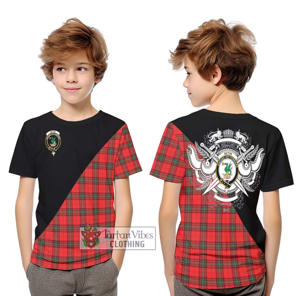 Seton Modern Tartan Kid T-Shirt with Family Crest and Military Logo Style Youth XL Size14 - Tartanvibesclothing Shop