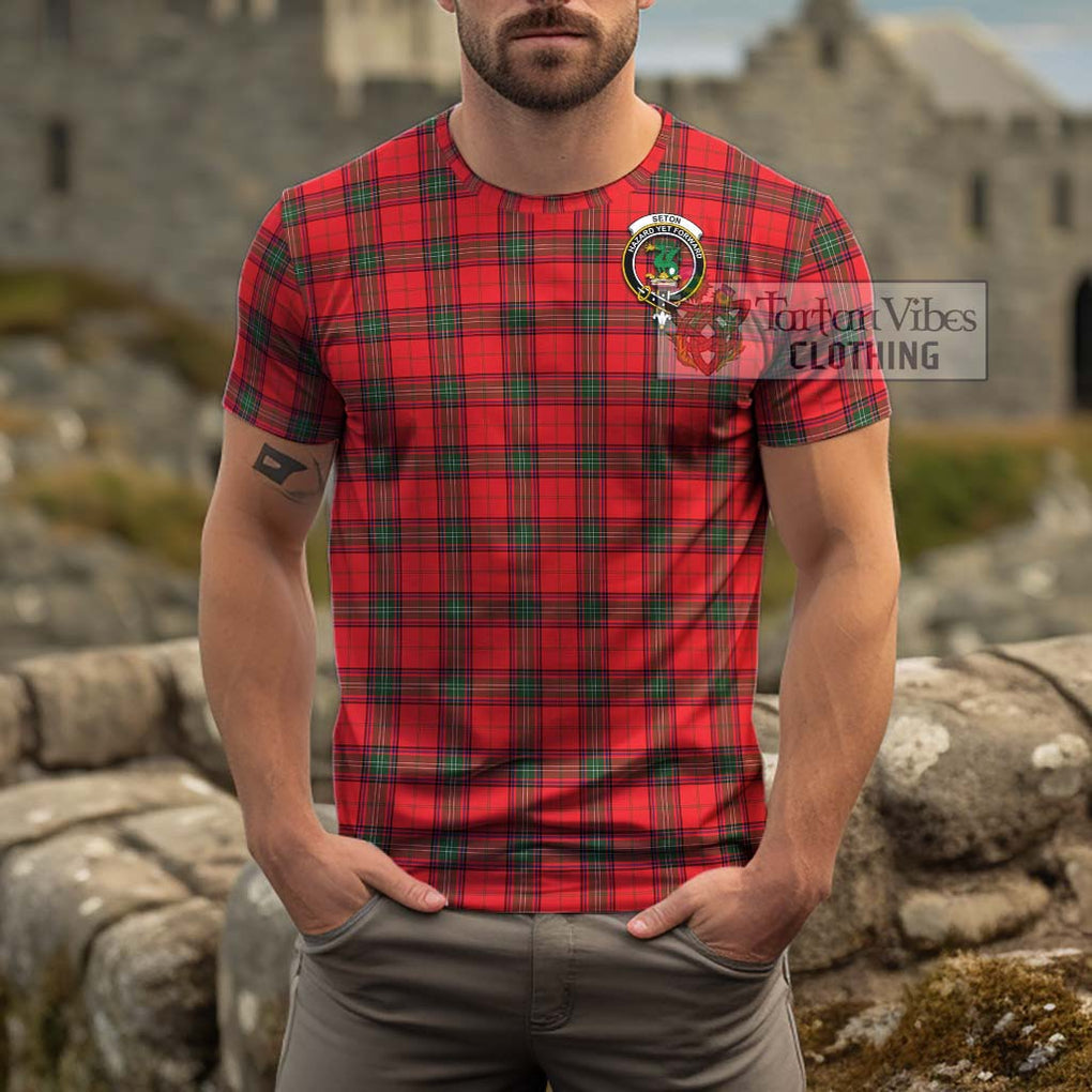 Seton Modern Tartan Cotton T-Shirt with Family Crest Men's Shirt - Tartanvibesclothing Shop