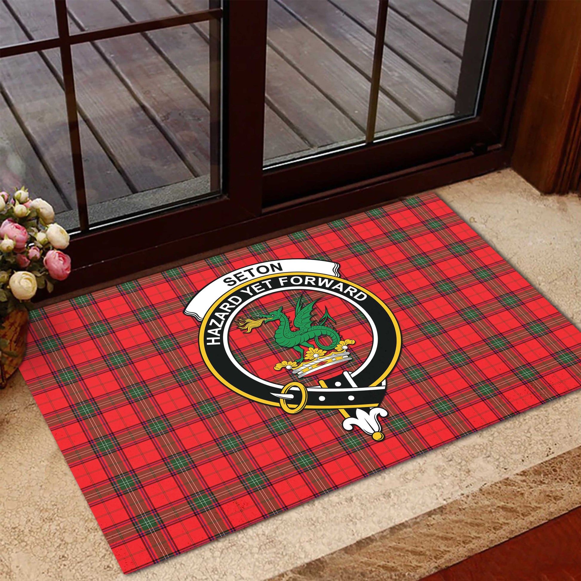 Seton Modern Tartan Door Mat with Family Crest - Tartanvibesclothing Shop