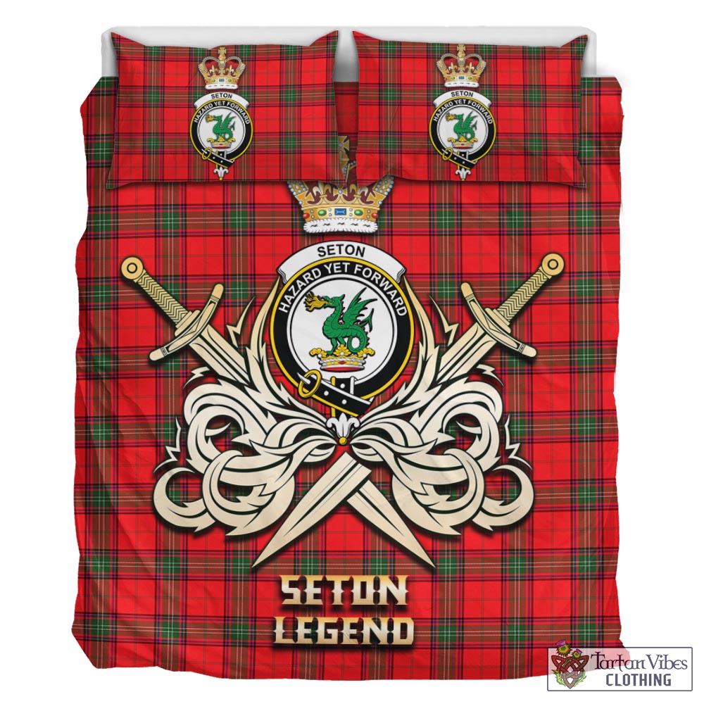 Tartan Vibes Clothing Seton Modern Tartan Bedding Set with Clan Crest and the Golden Sword of Courageous Legacy