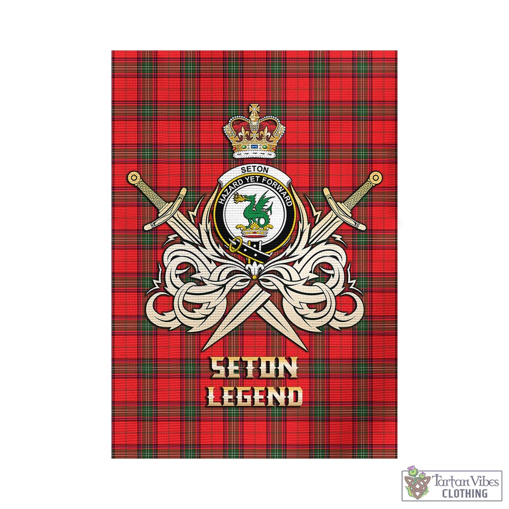 Tartan Vibes Clothing Seton Modern Tartan Flag with Clan Crest and the Golden Sword of Courageous Legacy