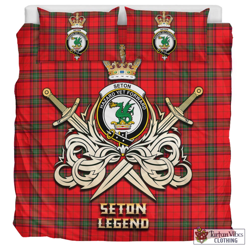 Tartan Vibes Clothing Seton Modern Tartan Bedding Set with Clan Crest and the Golden Sword of Courageous Legacy