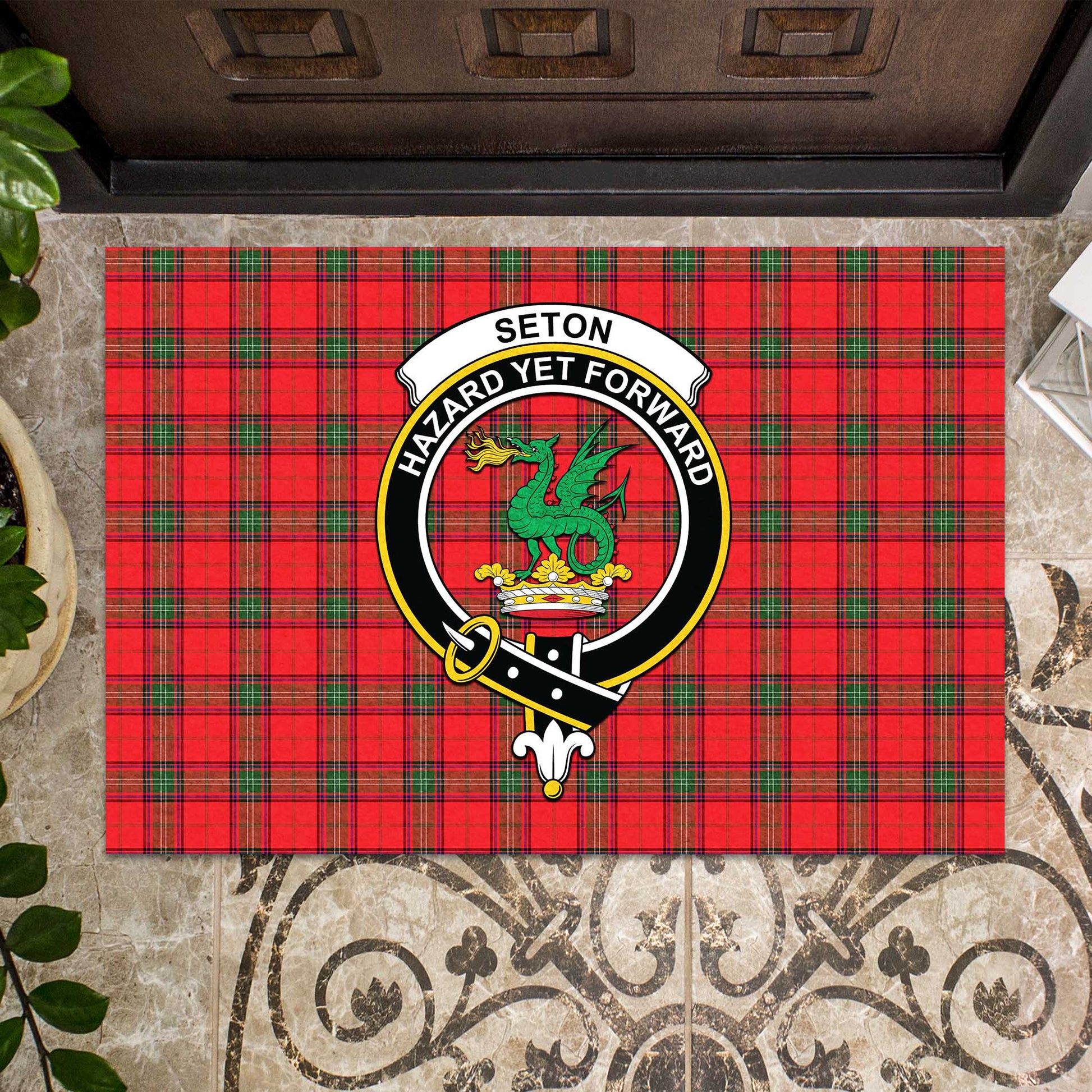 Seton Modern Tartan Door Mat with Family Crest - Tartanvibesclothing Shop