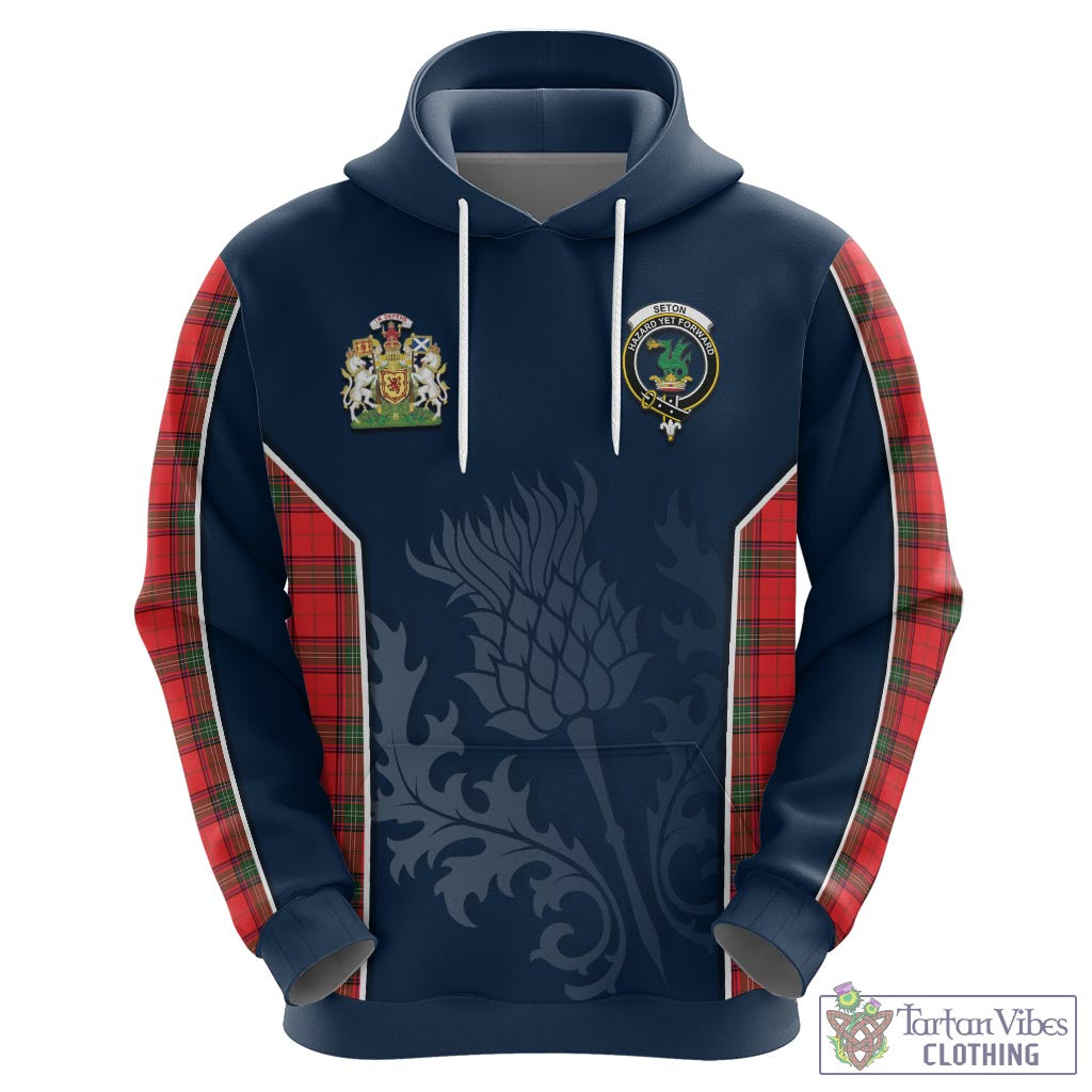 Tartan Vibes Clothing Seton Modern Tartan Hoodie with Family Crest and Scottish Thistle Vibes Sport Style