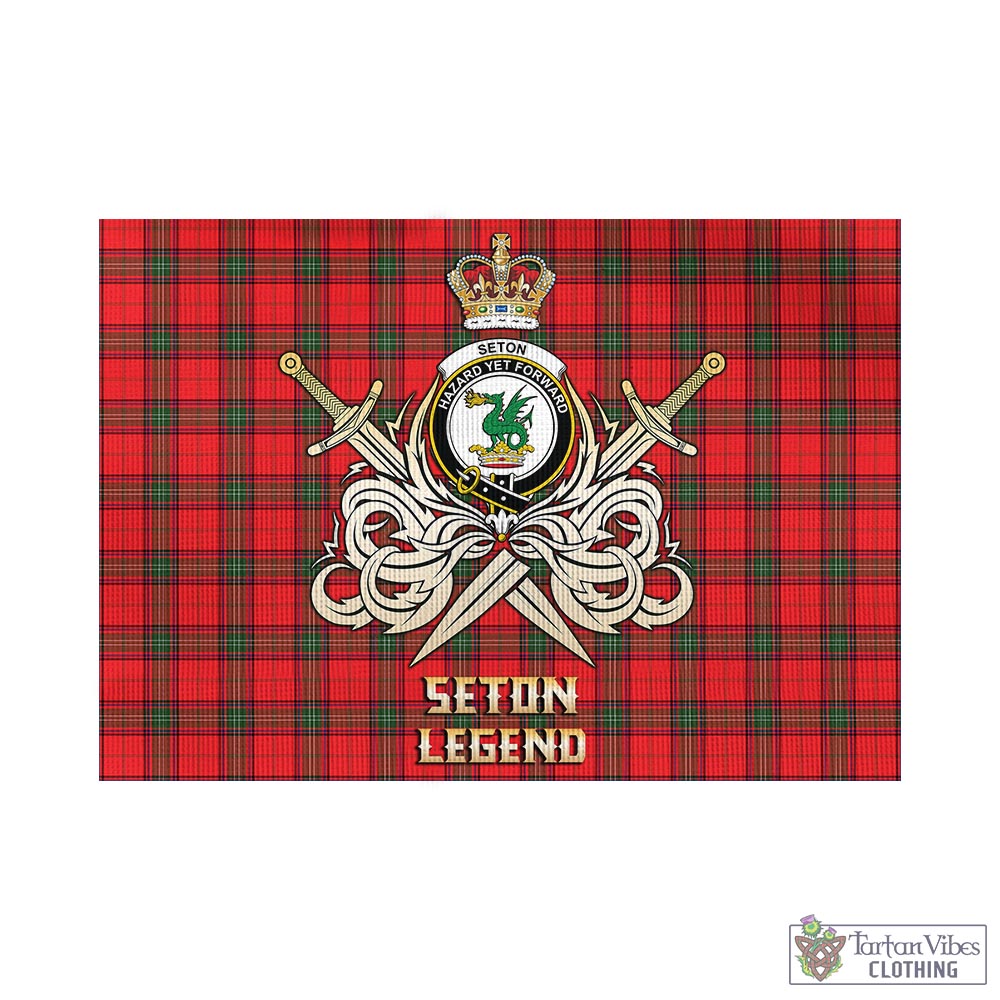 Tartan Vibes Clothing Seton Modern Tartan Flag with Clan Crest and the Golden Sword of Courageous Legacy