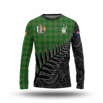 Sharkey Irish Clan Tartan Long Sleeve T-Shirt with Coat of Arms New Zealand Silver Fern Half Style Unisex - Tartan Vibes Clothing