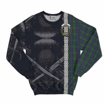 Shaw Tartan Sweatshirt with Family Crest Cross Sword Thistle Celtic Vibes