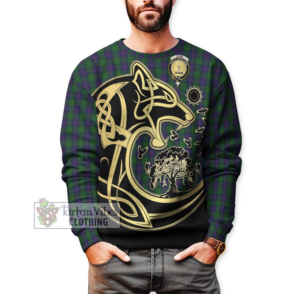 Shaw Tartan Sweatshirt with Family Crest Celtic Wolf Style Unisex - Tartan Vibes Clothing