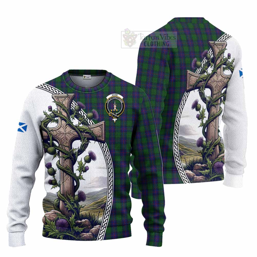 Tartan Vibes Clothing Shaw Tartan Knitted Sweater with Family Crest and St. Andrew's Cross Accented by Thistle Vines