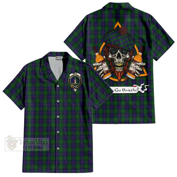 Shaw Tartan Short Sleeve Button Shirt with Family Crest and Bearded Skull Holding Bottles of Whiskey