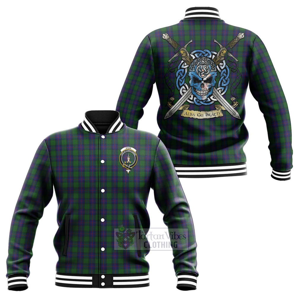 Tartan Vibes Clothing Shaw Tartan Baseball Jacket with Family Crest Celtic Skull Style