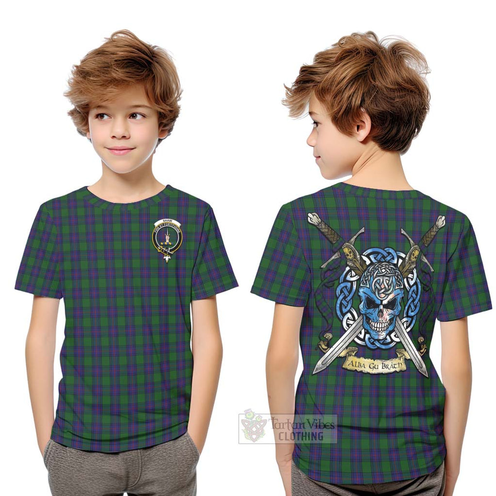 Tartan Vibes Clothing Shaw Tartan Kid T-Shirt with Family Crest Celtic Skull Style