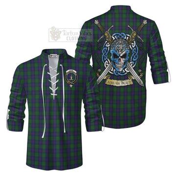 Shaw Tartan Ghillie Kilt Shirt with Family Crest Celtic Skull Style