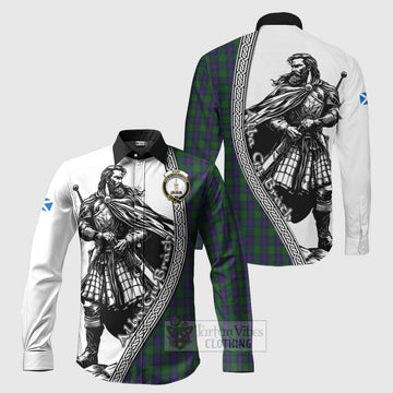 Shaw Tartan Clan Crest Long Sleeve Button Shirt with Highlander Warrior Celtic Style