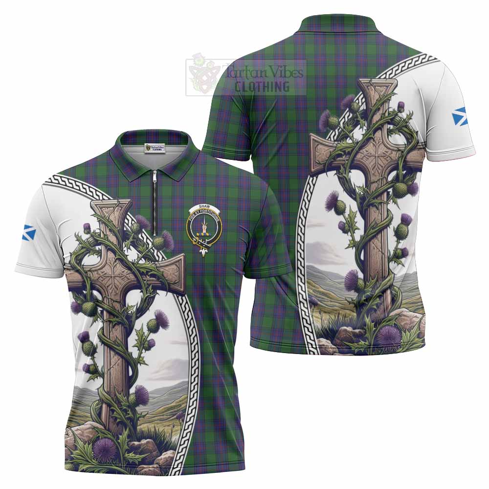 Tartan Vibes Clothing Shaw Tartan Zipper Polo Shirt with Family Crest and St. Andrew's Cross Accented by Thistle Vines