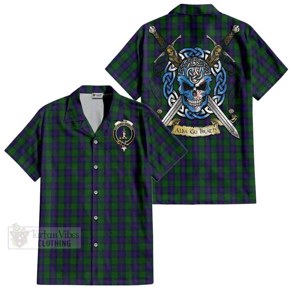 Tartan Vibes Clothing Shaw Tartan Short Sleeve Button Shirt with Family Crest Celtic Skull Style