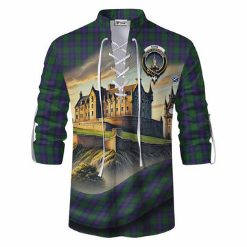 Shaw Tartan Family Crest Ghillie Kilt Shirt with Scottish Ancient Castle Style Men - Tartan Vibes Clothing