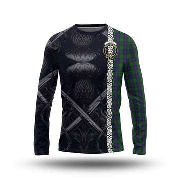 Shaw Tartan Long Sleeve T-Shirt with Family Crest Cross Sword Thistle Celtic Vibes