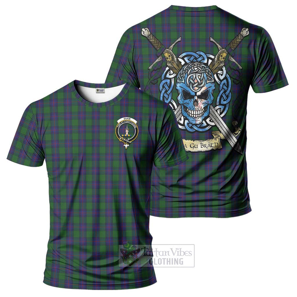 Tartan Vibes Clothing Shaw Tartan T-Shirt with Family Crest Celtic Skull Style