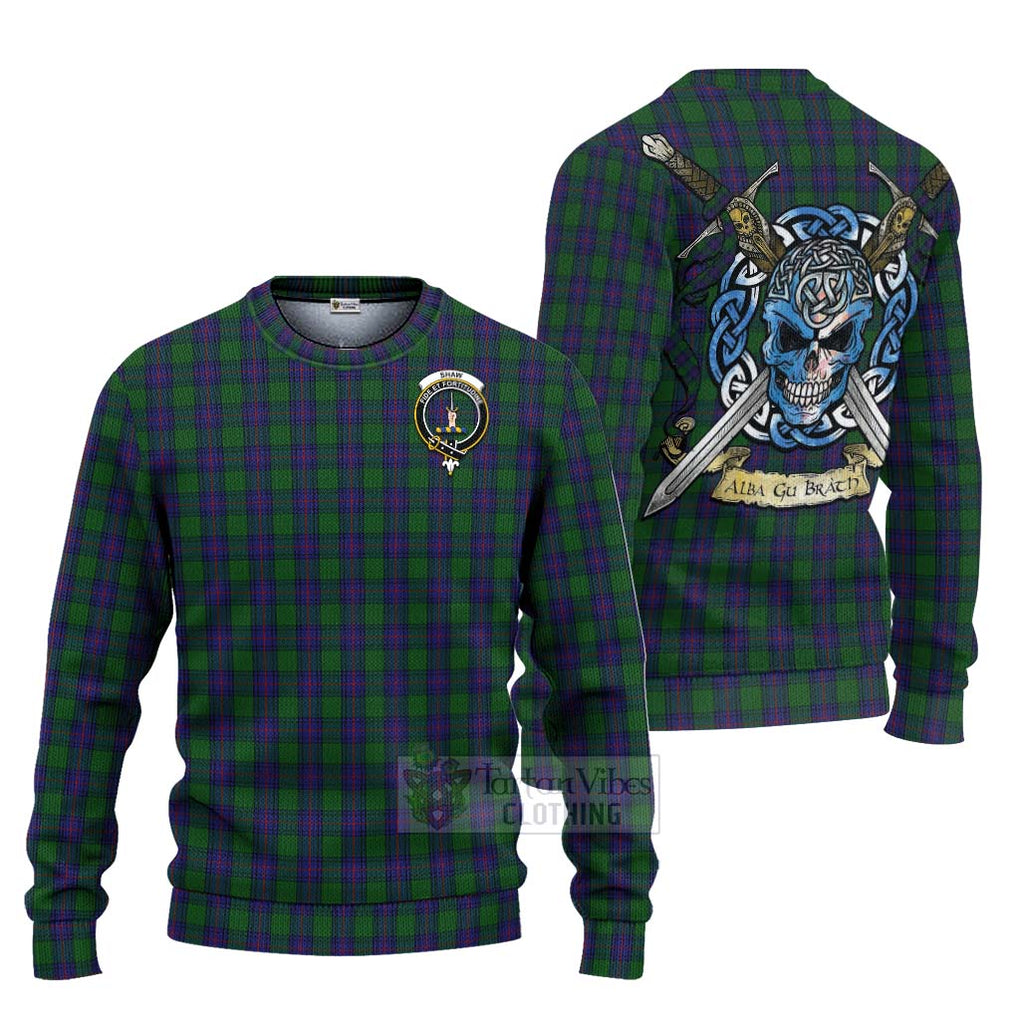 Tartan Vibes Clothing Shaw Tartan Knitted Sweater with Family Crest Celtic Skull Style