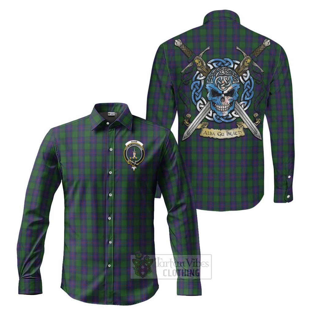 Tartan Vibes Clothing Shaw Tartan Long Sleeve Button Shirt with Family Crest Celtic Skull Style