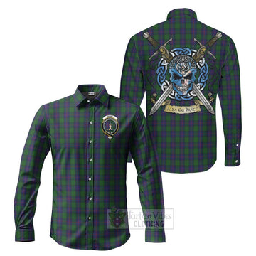 Shaw Tartan Long Sleeve Button Shirt with Family Crest Celtic Skull Style