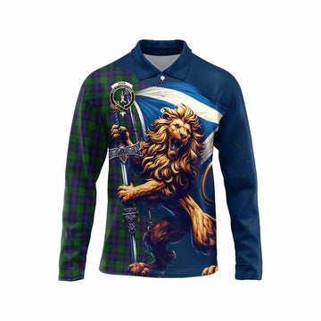 Shaw Tartan Family Crest Long Sleeve Polo Shirt with Scottish Majestic Lion