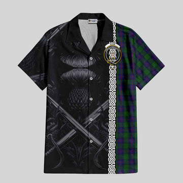 Shaw Tartan Short Sleeve Button Shirt with Family Crest Cross Sword Thistle Celtic Vibes