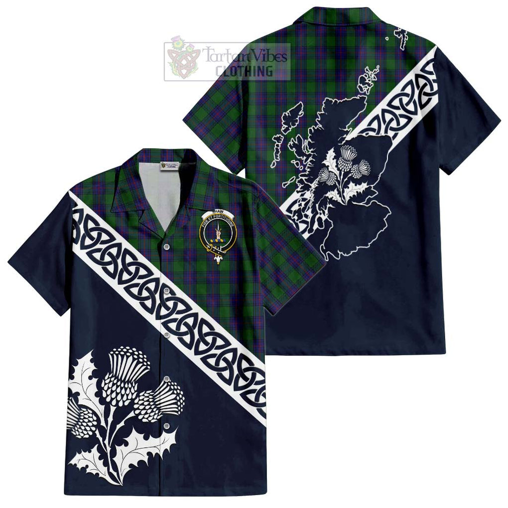 Tartan Vibes Clothing Shaw Tartan Short Sleeve Button Shirt Featuring Thistle and Scotland Map