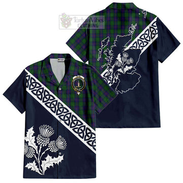 Shaw Tartan Short Sleeve Button Shirt Featuring Thistle and Scotland Map