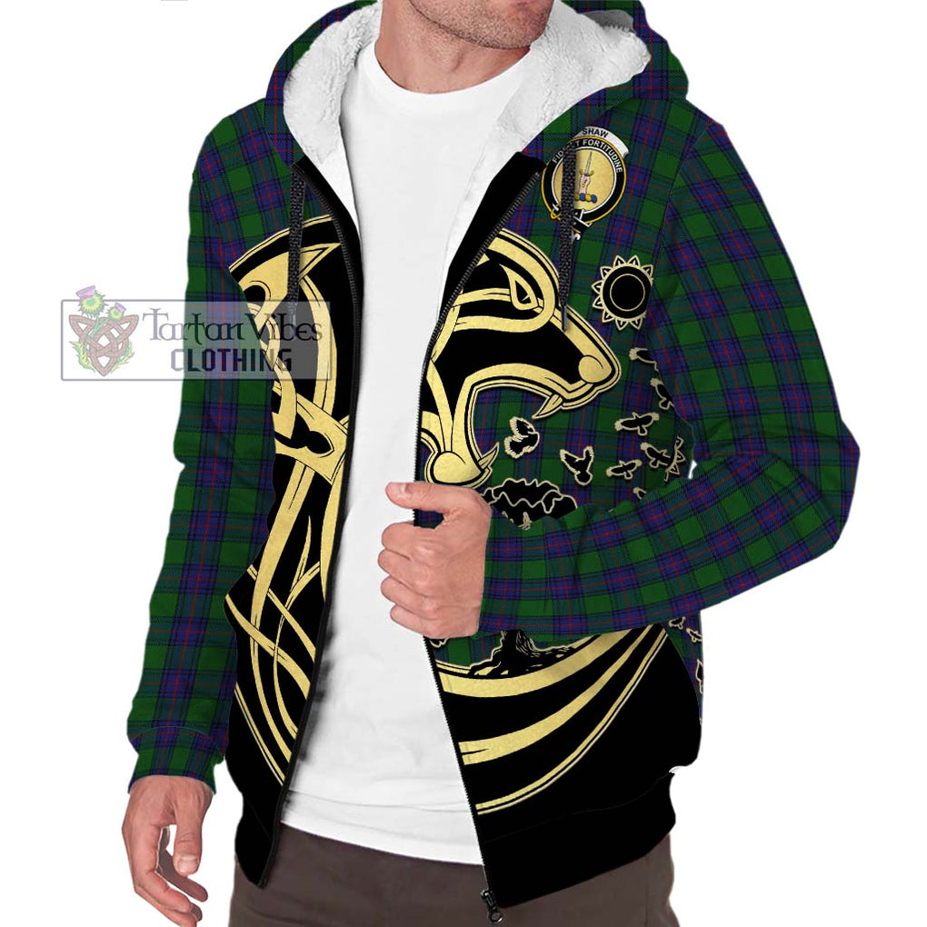 Shaw Tartan Sherpa Hoodie with Family Crest Celtic Wolf Style Unisex S - Tartan Vibes Clothing