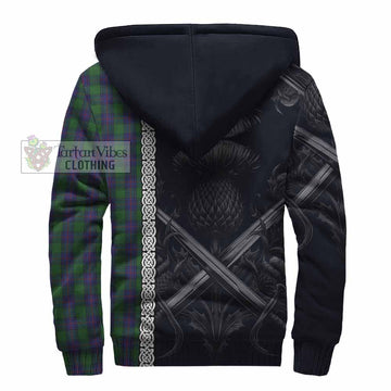 Shaw Tartan Sherpa Hoodie with Family Crest Cross Sword Thistle Celtic Vibes