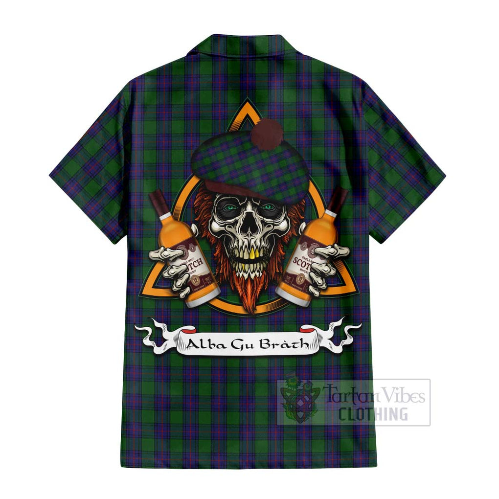 Tartan Vibes Clothing Shaw Tartan Short Sleeve Button Shirt with Family Crest and Bearded Skull Holding Bottles of Whiskey