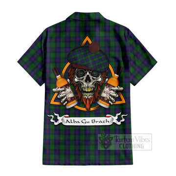 Shaw Tartan Short Sleeve Button Shirt with Family Crest and Bearded Skull Holding Bottles of Whiskey