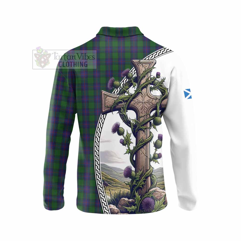 Tartan Vibes Clothing Shaw Tartan Long Sleeve Polo Shirt with Family Crest and St. Andrew's Cross Accented by Thistle Vines