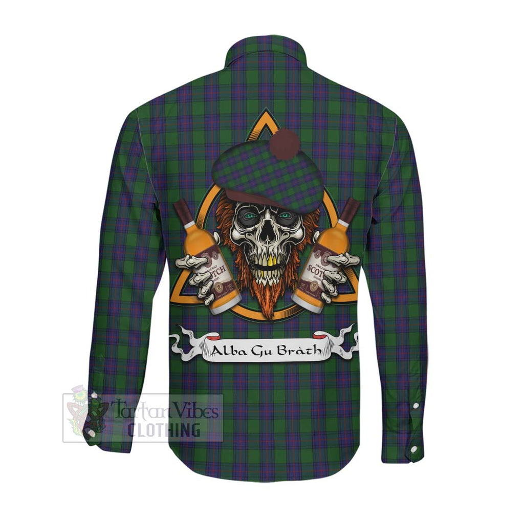 Tartan Vibes Clothing Shaw Tartan Long Sleeve Button Shirt with Family Crest and Bearded Skull Holding Bottles of Whiskey