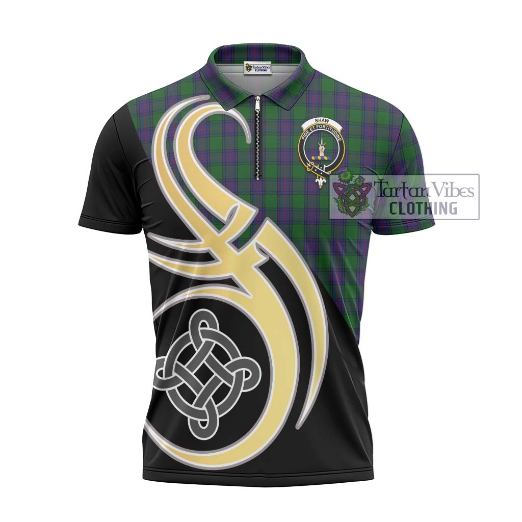 Tartan Vibes Clothing Shaw Tartan Zipper Polo Shirt with Family Crest and Celtic Symbol Style