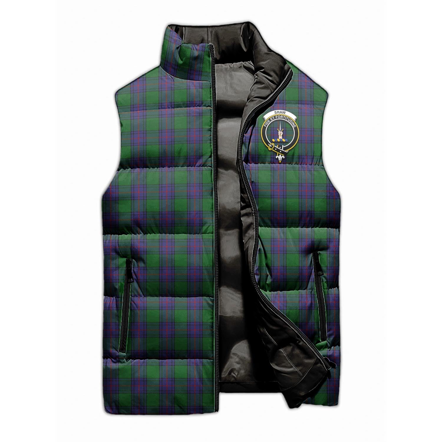 Shaw Tartan Sleeveless Puffer Jacket with Family Crest - Tartanvibesclothing