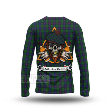 Shaw Tartan Long Sleeve T-Shirt with Family Crest and Bearded Skull Holding Bottles of Whiskey