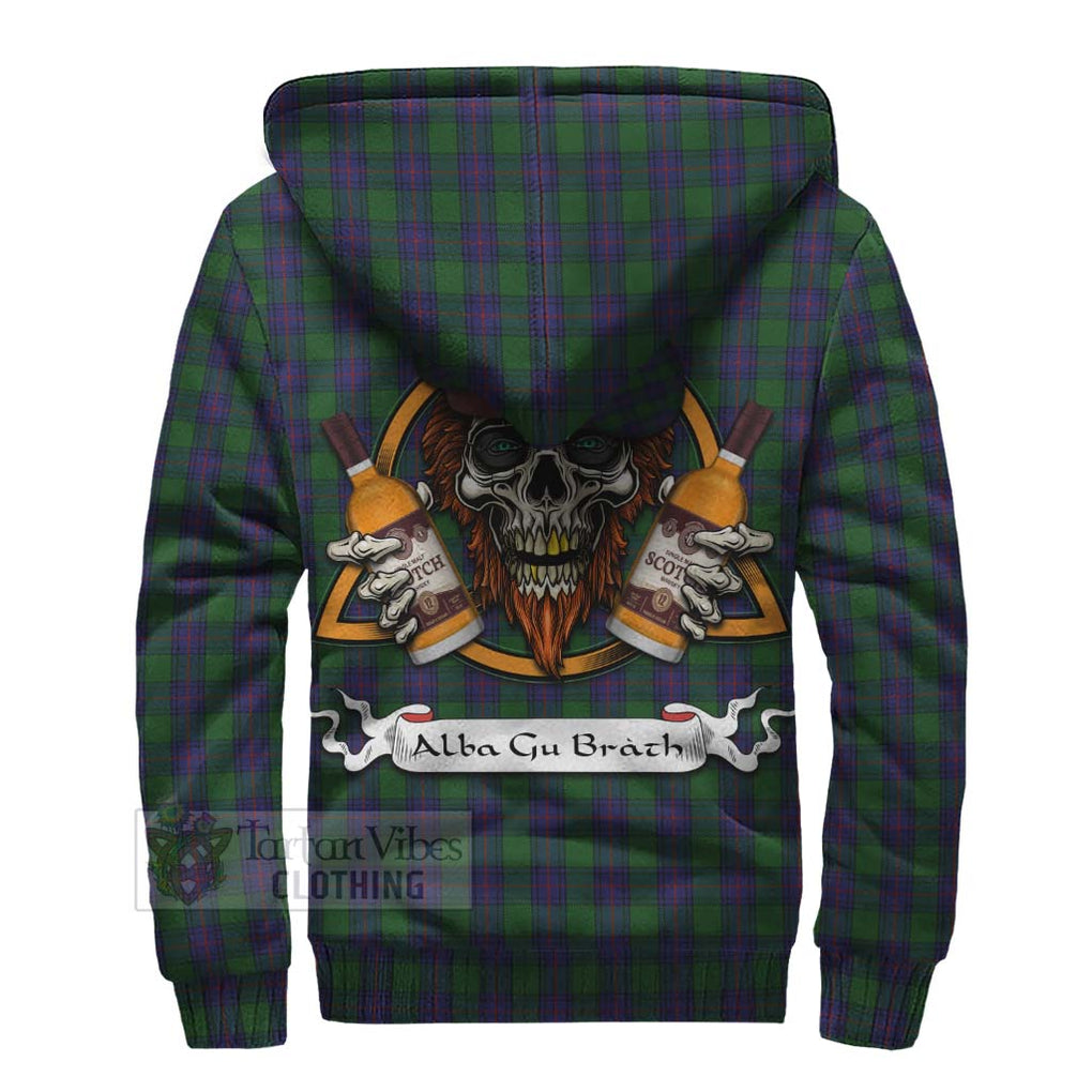 Tartan Vibes Clothing Shaw Tartan Sherpa Hoodie with Family Crest and Bearded Skull Holding Bottles of Whiskey