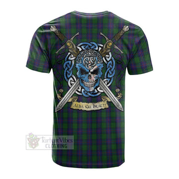 Shaw Tartan Cotton T-shirt with Family Crest Celtic Skull Style