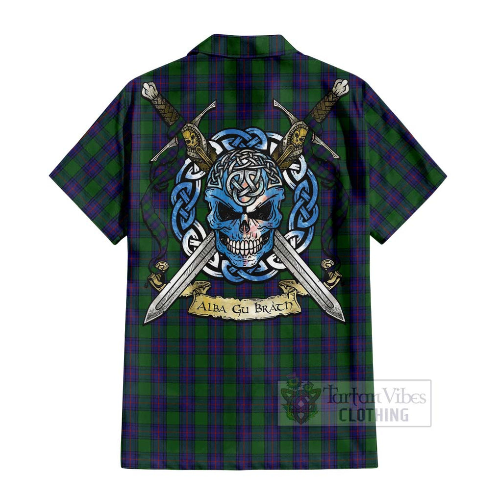 Tartan Vibes Clothing Shaw Tartan Short Sleeve Button Shirt with Family Crest Celtic Skull Style