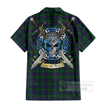 Shaw Tartan Short Sleeve Button Shirt with Family Crest Celtic Skull Style