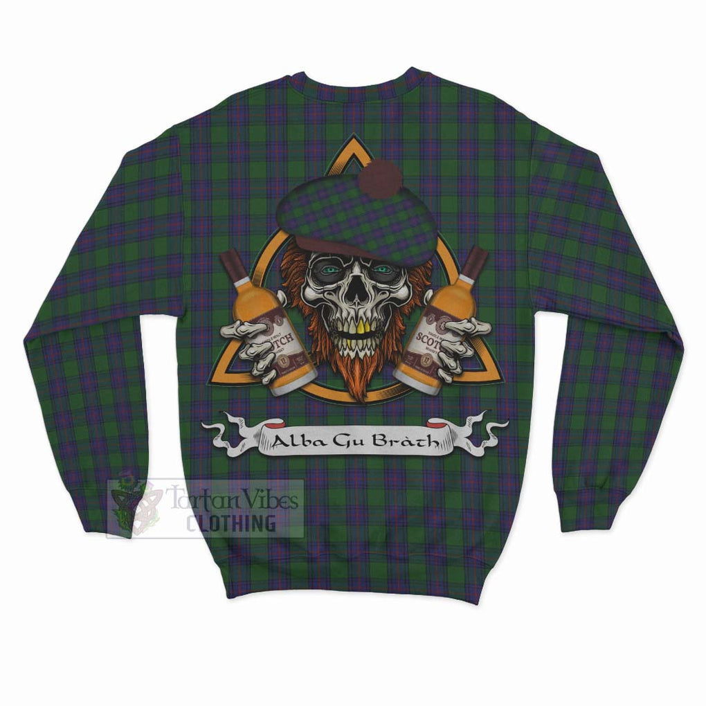 Tartan Vibes Clothing Shaw Tartan Sweatshirt with Family Crest and Bearded Skull Holding Bottles of Whiskey