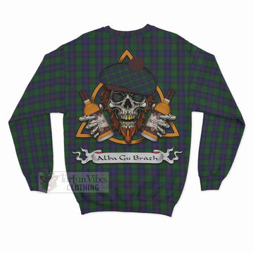 Shaw Tartan Sweatshirt with Family Crest and Bearded Skull Holding Bottles of Whiskey