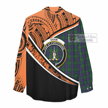 Shaw Crest Tartan Women's Casual Shirt with Polynesian Vibes Style - Orange Version