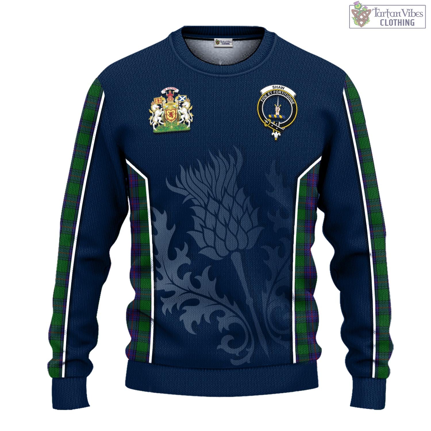 Tartan Vibes Clothing Shaw Tartan Knitted Sweatshirt with Family Crest and Scottish Thistle Vibes Sport Style