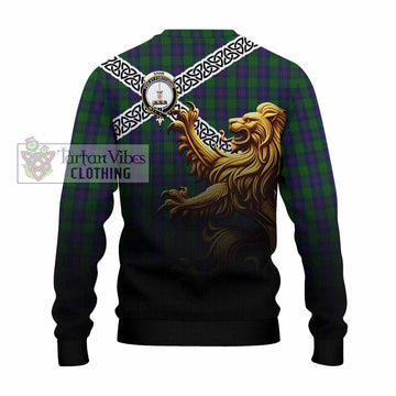 Shaw Crest Tartan Knitted Sweater with Golden Lion Emblem Celtic Style - Tartan Vibes Clothing