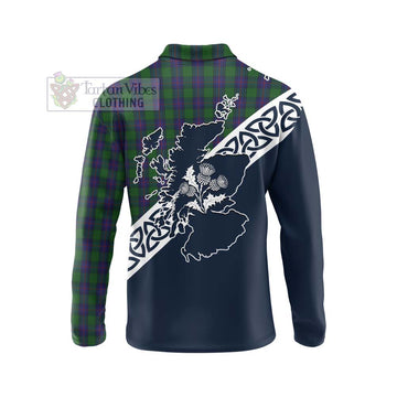 Shaw Tartan Long Sleeve Polo Shirt Featuring Thistle and Scotland Map - Tartan Vibes Clothing